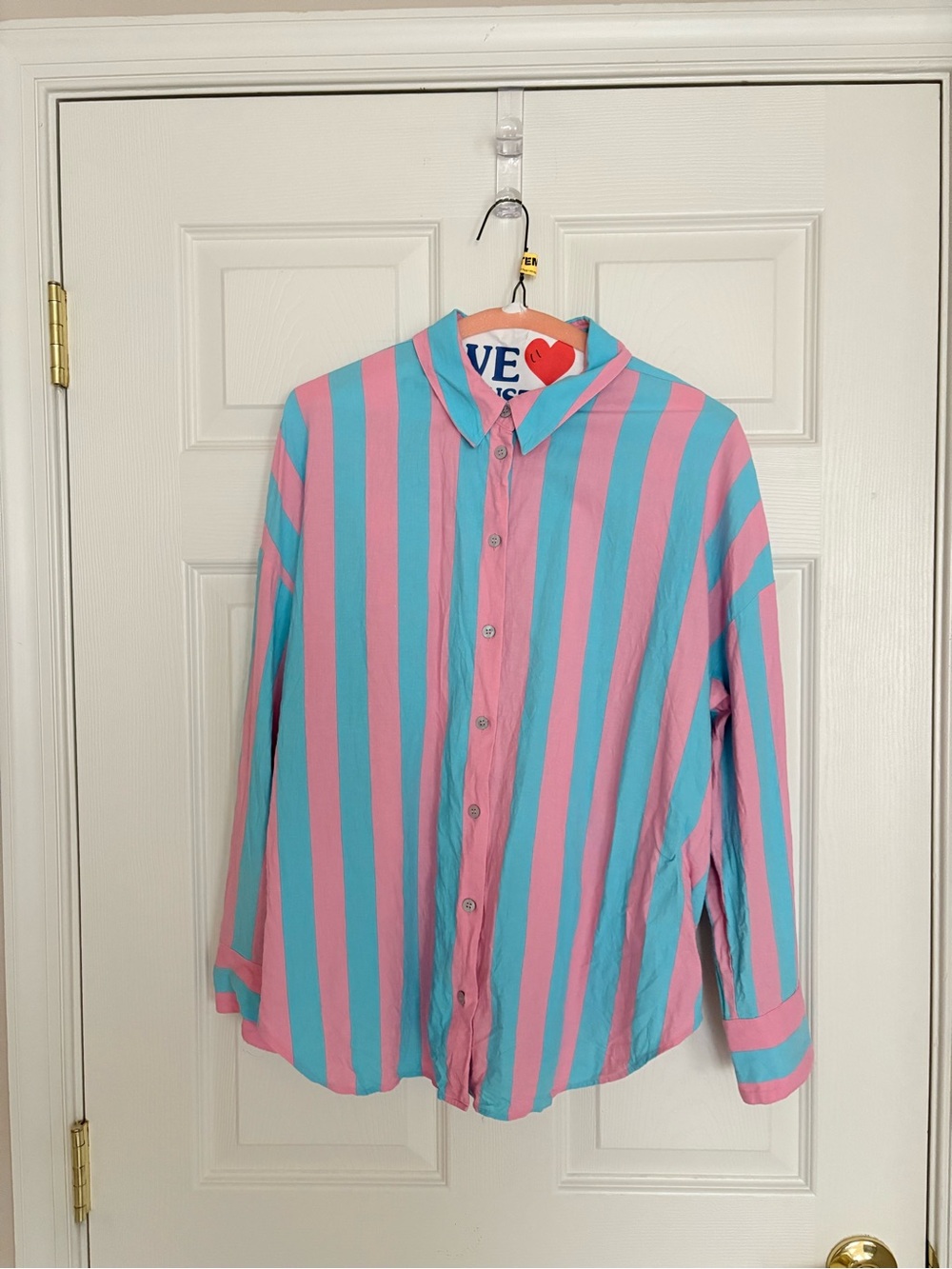 Zara Linen Blend Pink and Blue Vertical Stripe Button-Down Shirt